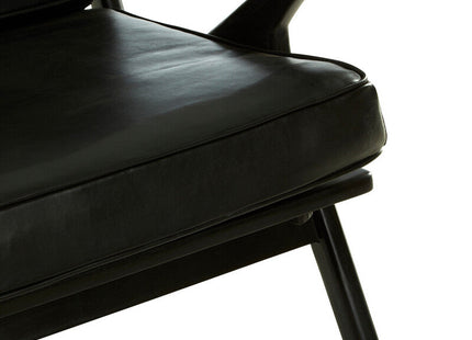 Kendari Black Leather and Teak Wood Frame Armchair