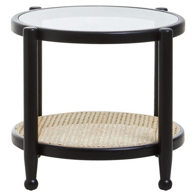 Cebu Black Wood and Natural Rattan Round Side Table
