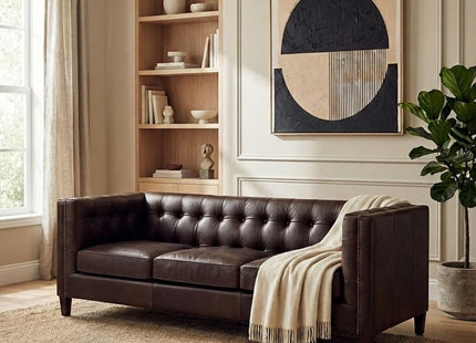 King Dark Brown Leather Button Tufted 3 Seater Modern Chesterfield Sofa