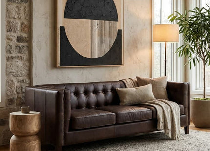 King Dark Brown Leather Button Tufted 3 Seater Modern Chesterfield Sofa