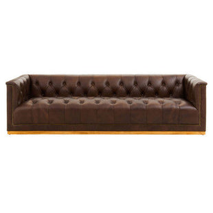 King Dark Brown Leather Button Tufted 3 Seater Modern Chesterfield Sofa with Oak Wood Base