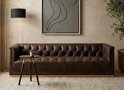 King Dark Brown Leather Button Tufted 3 Seater Modern Chesterfield Sofa with Oak Wood Base