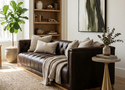 King Dark Brown Leather Button Tufted 3 Seater Modern Chesterfield Sofa with Oak Wood Base