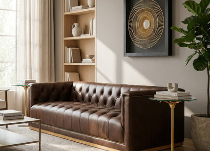 King Dark Brown Leather Button Tufted 3 Seater Modern Chesterfield Sofa with Oak Wood Base