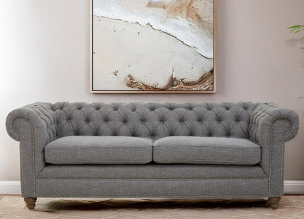 Stella Grey Linen 3 Seater Button Tufted Chesterfield Sofa