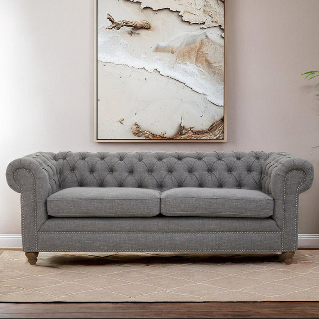 Stella Grey Linen 3 Seater Button Tufted Chesterfield Sofa