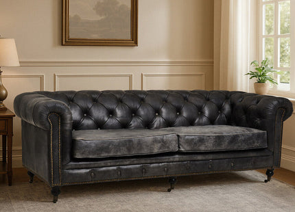Hoxton Antique Black Leather 3 Seater Chesterfield Sofa