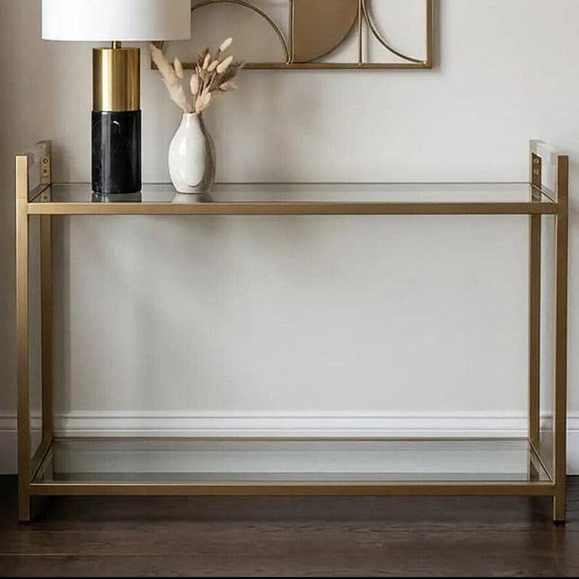Vogue Clear Glass and Matt Gold Finish 2 Tier Console Table
