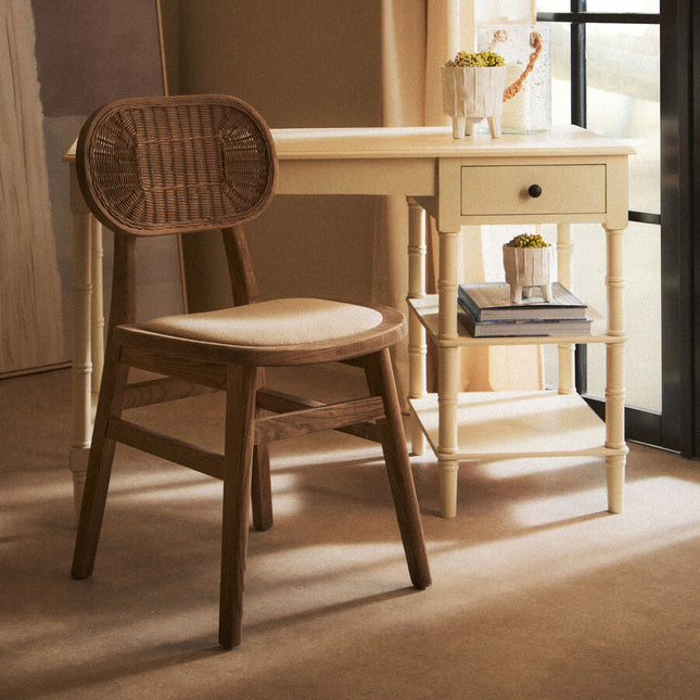 Cebu Grey Wash Wood and Rattan Dining Chair with Beige Seat