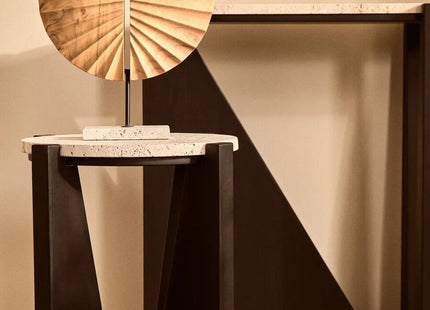 Winton Cream Travertine and Black Finish Acacia Wood Side Table