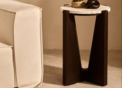 Winton Cream Travertine and Black Finish Acacia Wood Side Table