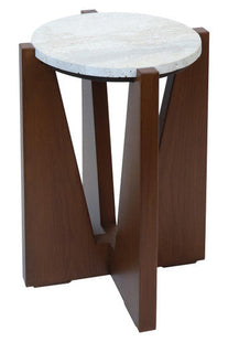 Winton Cream Travertine and Brown Finish Acacia Wood Side Table