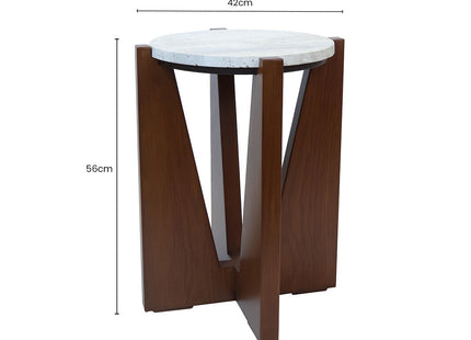 Winton Cream Travertine and Brown Finish Acacia Wood Side Table