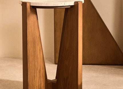 Winton Cream Travertine and Brown Finish Acacia Wood Side Table
