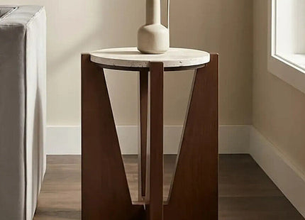 Winton Cream Travertine and Brown Finish Acacia Wood Side Table