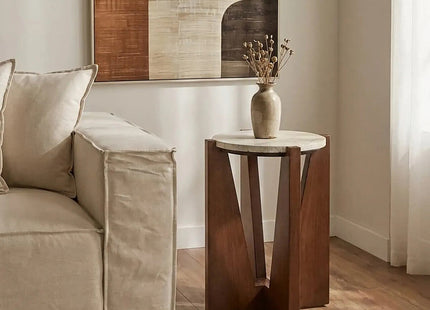 Winton Cream Travertine and Brown Finish Acacia Wood Side Table