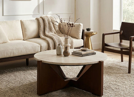 Winton Cream Travertine and Brown Finish Acacia Wood Coffee Table