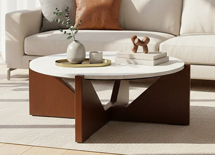 Winton Cream Travertine and Brown Finish Acacia Wood Coffee Table