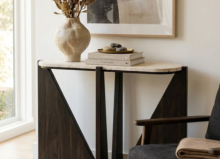 Winton Cream Travertine and Black Finish Acacia Wood Console Table