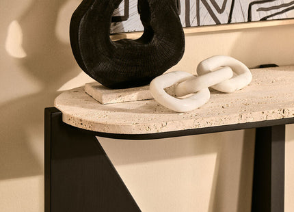 Winton Cream Travertine and Black Finish Acacia Wood Console Table