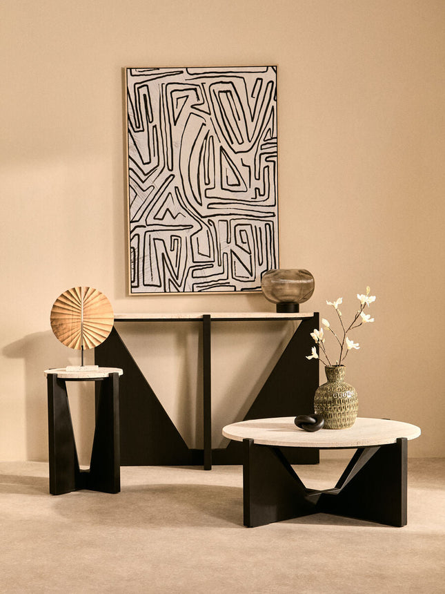 Winton Cream Travertine and Black Finish Acacia Wood Console Table