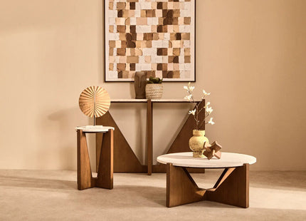 Winton Cream Travertine and Brown Finish Acacia Wood Console Table