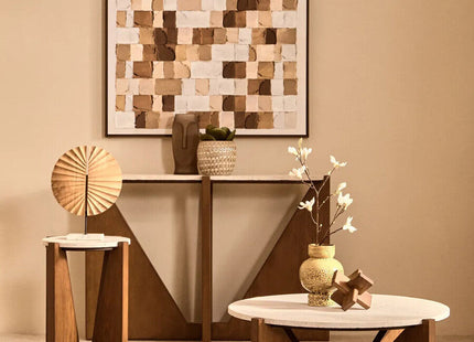 Winton Cream Travertine and Brown Finish Acacia Wood Console Table