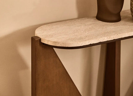 Winton Cream Travertine and Brown Finish Acacia Wood Console Table