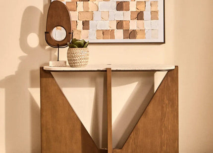 Winton Cream Travertine and Brown Finish Acacia Wood Console Table