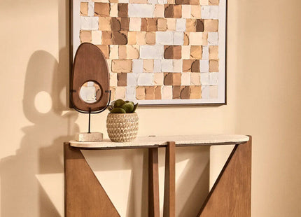 Winton Cream Travertine and Brown Finish Acacia Wood Console Table