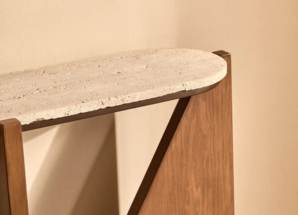 Winton Cream Travertine and Brown Finish Acacia Wood Console Table