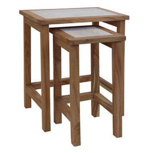 Womad Cream Travertine and Wooden Small Set of 2 Side Tables