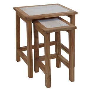 Womad Cream Travertine and Wooden Small Set of 2 Side Tables