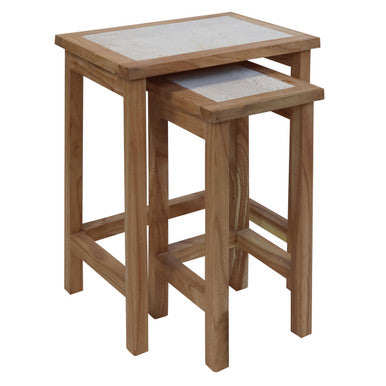 Womad Cream Travertine and Wooden Small Set of 2 Side Tables
