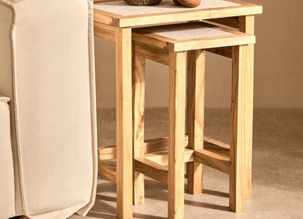 Womad Cream Travertine and Wooden Small Set of 2 Side Tables