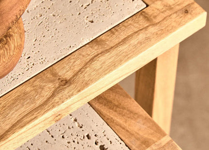 Womad Cream Travertine and Wooden Small Set of 2 Side Tables