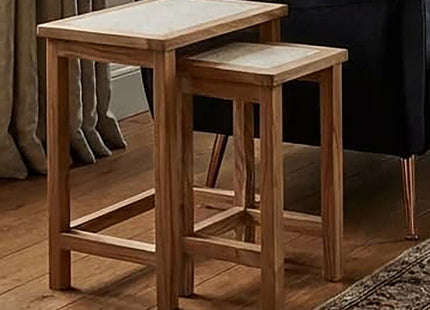 Womad Cream Travertine and Wooden Small Set of 2 Side Tables