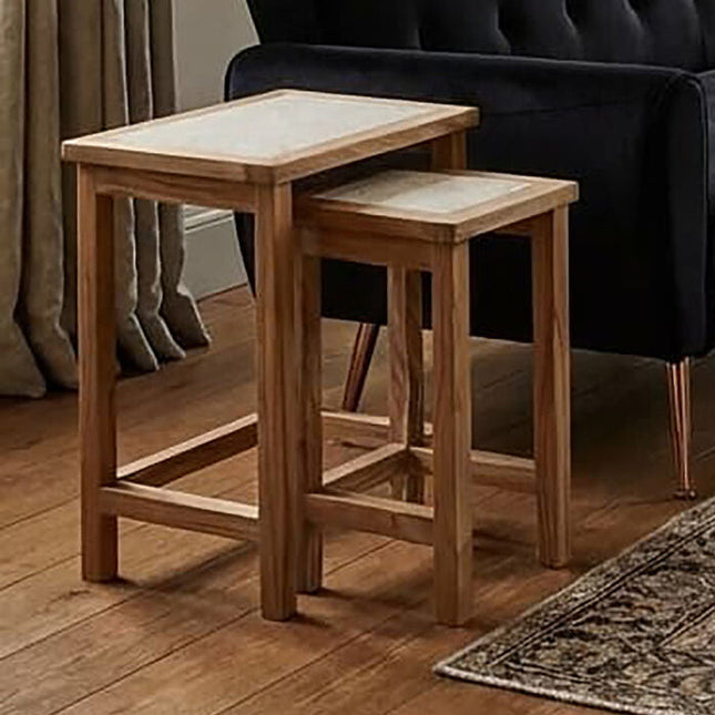 Womad Cream Travertine and Wooden Small Set of 2 Side Tables
