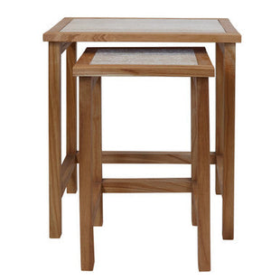 Womad Cream Travertine and Wooden Large Set of 2 Side Tables