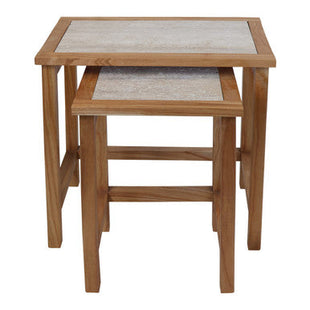 Womad Cream Travertine and Wooden Large Set of 2 Side Tables