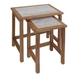 Womad Cream Travertine and Wooden Large Set of 2 Side Tables