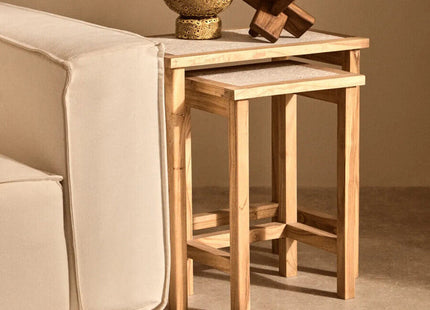 Womad Cream Travertine and Wooden Large Set of 2 Side Tables