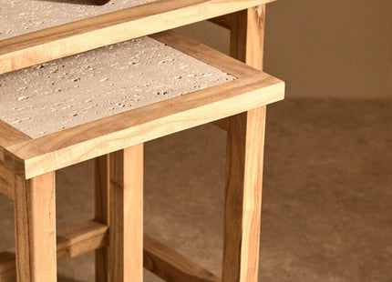 Womad Cream Travertine and Wooden Large Set of 2 Side Tables