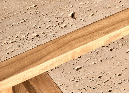 Womad Cream Travertine and Wooden Large Set of 2 Side Tables
