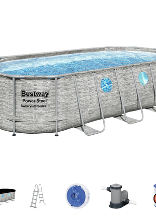 Bestway 18ft x 9ft x 48" Oval Steel Pro MAX™ Splashview Above Ground Swimming Pool, Filter Pump & Accessories