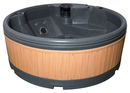 RotoSpa QuatroSpa 5-6 person round hot tub with dark grey shell and teak panels