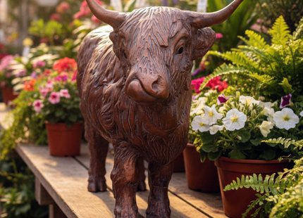 Licking Highland Cow Garden Sculpture – 50cm, Antique Bronze
