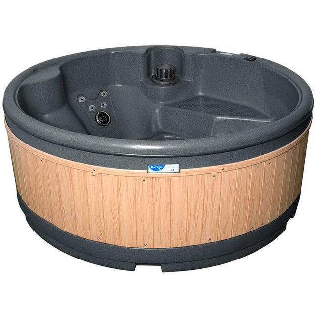 RotoSpa Orbis 5 person round hot tub with dark grey shell and teak panels