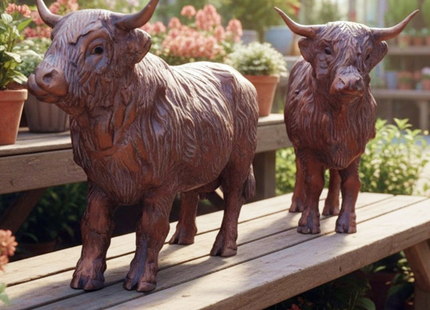 Licking Highland Cow Garden Sculpture – 50cm, Antique Bronze