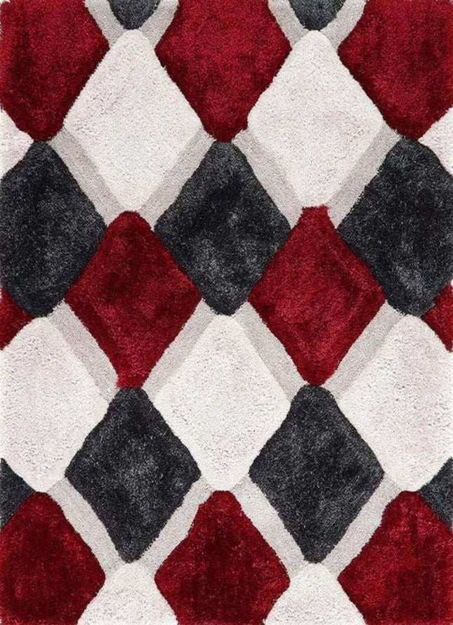 3D Red Geometric Shaggy Rug